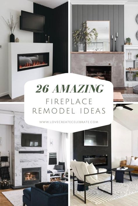 Collage of gorgeous fireplace remodels Fireplace Remodel Ideas, Fireplaces Makeover Modern, Brick Fireplace Remodel, Diy Shiplap Fireplace, Best Fireplace, Red Brick Fireplaces, Fireplace Style, Vaulted Ceiling Living Room, Tv Walls