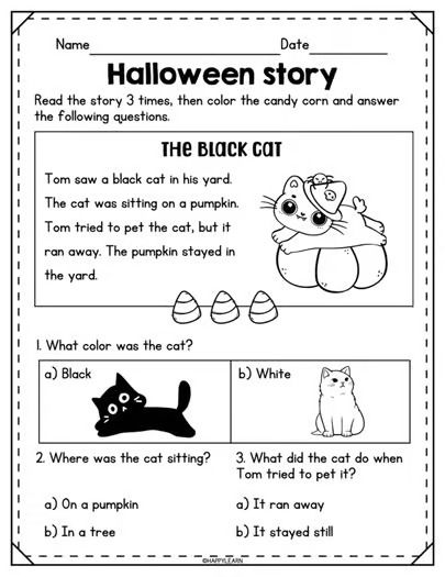 Halloween Reading Fun: 15 Short Stories with Questions for Grades K-1 Halloween School Activities 1st Grade, Kindergarten Worksheets Halloween, Fall Homeschool Activities 1st Grade, Halloween Activities For First Grade, Halloween Questions For Kids, Halloween Homeschool Ideas, Halloween Activities For School, Halloween Reading Activities, Teacher Rp