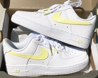 Custom Nike Air Force, Painted Nikes, Nike Air Force 1s, Air Force 1s, Yellow Nikes, Nike Airforce 1, Professional Shoes, Air Force 1 Custom, Custom Air Force 1