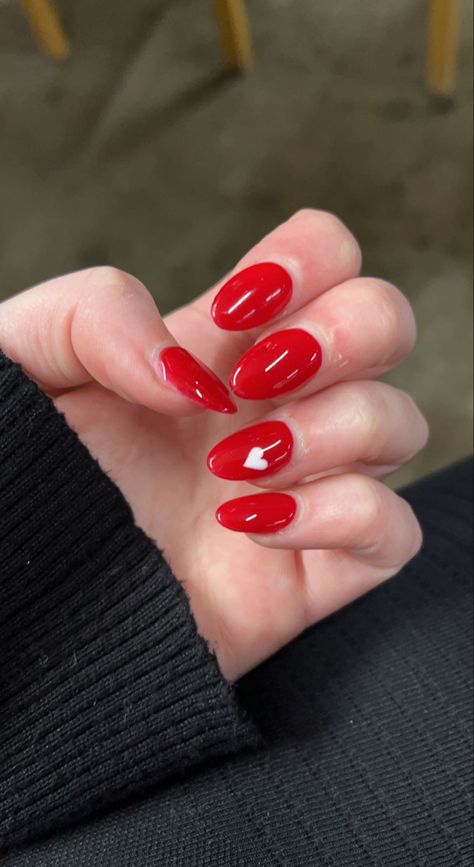 Red nail inspo with heart #fashion #nails #nailart #rednails Red Nail Designs With Heart, Red Nails W White Heart, Red Nail White Design, Small Coffin Shape Nails, Red Nails With A Heart, Classy Red Nails Short, Red Nails White Heart, Easy Red Nails, Red Nails With Hearts