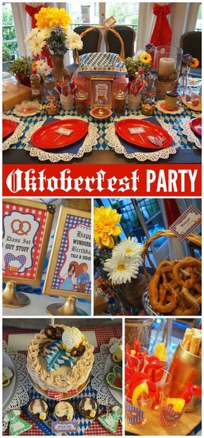 An Oktoberfest birthday party with dirndl's, lederhosen, bratwurst, beer and a lot of games!  See more party planning ideas at CatchMyParty.com! October Fest Birthday Party, German Party Ideas, German Table Decorations, German Birthday Party, Octoberfest Decor, Octoberfest Games, Octoberfest Party Ideas, Oktoberfest Birthday, Beer Garden Party