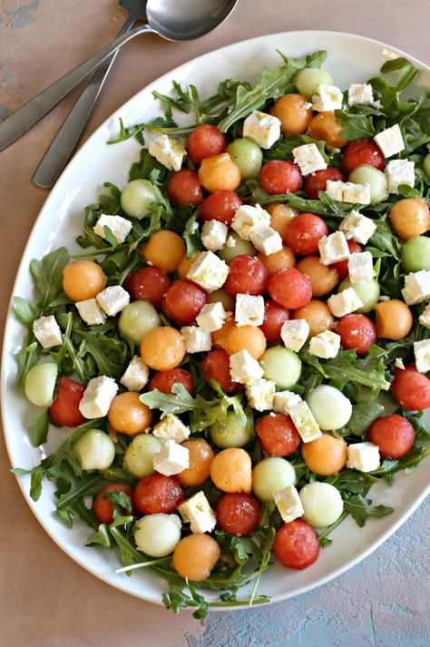 Melon Ball and Feta Salad Melon And Feta Salad, Melon Feta Salad, Melon Ball Salad, Lemon Vinaigrette Recipe, Melon Balls, Meatless Dinners, Pistachio Salad, Green Salad Recipes, Recipe Salad