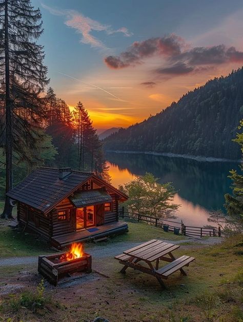 Mountain Cabins House With Sunset View, Cozy Campfire, Edits Videos, Evening Pictures, Mountain Cabins, Peaceful Nature, Farm Houses, Cabin Living, Scenic Art