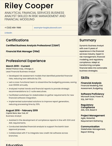 Example Resume for a Business Analyst working in financial industry. Analyst Resume, Business Analyst Resume, Professional Resume Examples, Risk Assessment, Perfect Resume, Resume Builder, Financial Analysis, Business Analyst, Services Business