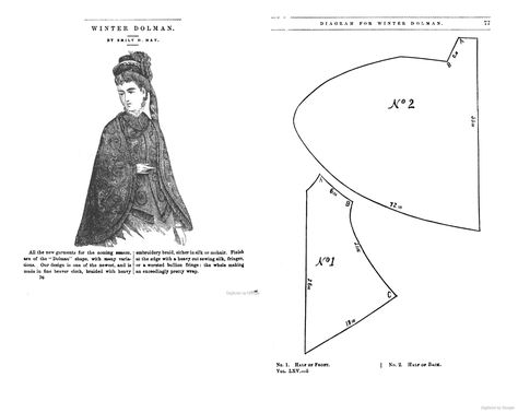 1874 Winter Dolman from Peterson's Magazine. Sewing Pattern. Victorian Capelet, Capelet Pattern, Historical Sewing, 1870s Fashion, Pattern Draping, Vintage Dress Patterns, Fantasy Costumes, Pattern Drafting, Clothes Sewing Patterns