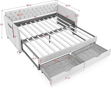 Amazon.com: Upholstered Twin to King Daybed, Twin Day Bed with Trundle, Wood Extendable Bed Frame with Pull Out Storage Drawers and Pockets, King Size Sleeper Sofa Bed for Living Room, Bedroom, Guest Room, Beige : Home & Kitchen Diy Extendable Daybed, Diy Daybed With Trundle, Twin To King Daybed, King Daybed, Twin Day Bed, Extendable Bed, Day Bed With Trundle, Daybed Twin, Pull Out Storage