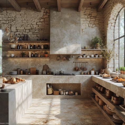 Wabi Sabi Interior AI :: Behance Minimalist Living Room Ideas, Wabi Sabi Interior, Living Room Minimalist, Mediterranean Kitchen, Mexico House, Room Minimalist, 아파트 인테리어, Stone Walls, Kitchen Inspiration Design