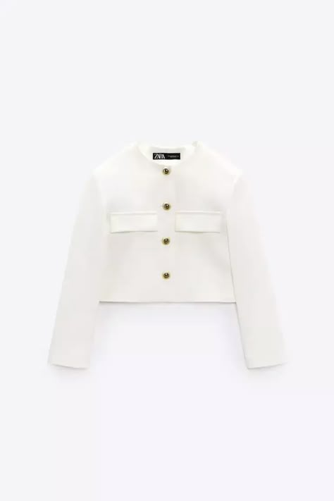 Clothes Shuffles, Cropped Blazer Outfit, White Jacket Outfit, Branded Outfits, Zara Gold, Cropped Blazer Jacket, Solid Sweaters, Zara Top, Cropped Blazer