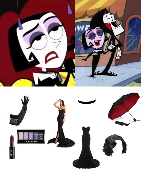 Malaria (voiced by Jeannie Elias) is a gothic woman who fell in love with Grim on an episode of The Grim Adventures of Billy and Mandy before realizing he was the actual Grim Reaper and running away.  Malaria and Grim meet when he goes to the beach with Billy and Mandy.  Malaria wears black opera gloves and a long black strapless dress.  She uses an umbrella at the beach and wears purple eye shadow and red lipstick. Grim Adventures Costume, Malaria Grim Adventures, Adventures Of Billy And Mandy Grim, The Grim Adventures Of Billy & Mandy Halloween Costume, Black Long Dress Halloween Costume, Grim Reaper Woman Costume, Grim Reaper Couple Costume, Grim Reaper And Malaria Costume, Billy And Mandy Costume