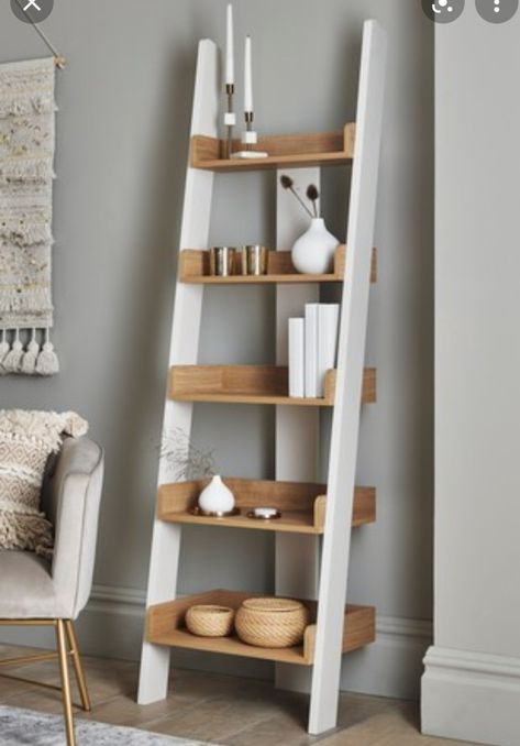 Ladder Shelf Living Room, Narrow Ladder Shelf, Ladder Shelves, Shelf Decor Living Room, Ladder Storage, Home Cocktail Bar, Bookshelf Storage, Cream Paint, Ladder Shelf