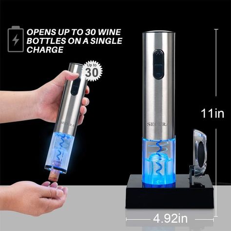 Rechargeable Electric Wine Bottle Opener - Easily remove corks in seconds. Compatible with most wine bottle sizes. Open up to 30 bottles on a single charge. Easy to Use - Simply place on top of your wine bottle, press a button, and tada, your wine is open and ready to serve. Small Footprint Saves Space - Our electric wine bottle opener is small enough to store discreetly away when not in use. Keep the charging base next to your wine fridge, storage rack, credenza, etc. Electric Wine Bottle Opener, Electric Wine Opener, Blue Led Lights, Wine Set, Wine Bottle Opener, Wine Opener, Wood Wall Clock, Bottle Sizes, Wine Fridge