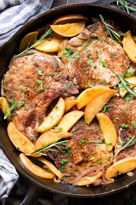 One-skillet pork chops with apples features seasoned, savory juicy pork chops with sweet apples simmered to perfection! This Paleo and Whole30 compliant dinner is easy, fast and great for weeknights!  Serve as is or with cauliflower rice, roasted sweet potatoes or a green salad. Paleo Pork Chops, Balsamic Pork Chops, Pork Chops With Apples, Paleo Running Momma, Skillet Pork Chops, Paleo Pork, Sweet Apples, Apple Pork, Balsamic Pork