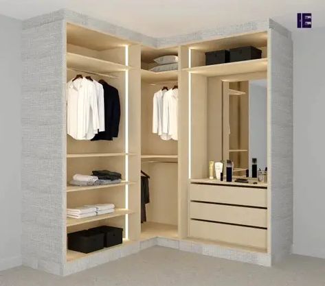 L Shaped Cupboard Designs Bedroom, Fitted Corner Wardrobe Ideas, Dresser With Wardrobe Design, Small L Shaped Wardrobe, Bedroom Built In Wardrobe Corner, Book Wardrobe Design, U Shaped Dressing Room, L Shape Wardrobe Design With Dressing, Corner Wardrobe And Dressing Table