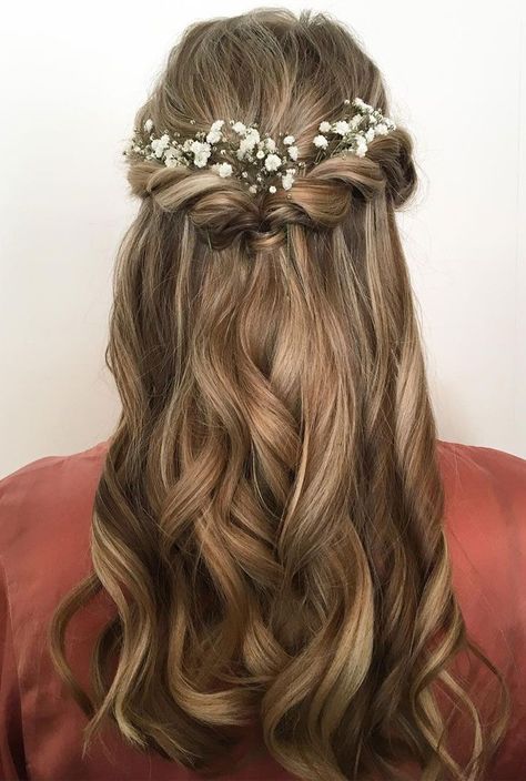 Baby breath tucked in bridal hair - half up half down hair style idea #weddinghair #hairideas #halfup #halfdown #halfuphalfdown Hair Messy, Flowers In Her Hair, Wedding Hair Flowers, Wedding Hair Down, Wedding Hairstyles For Long Hair, Half Up Hair, Real Human Hair, Wedding Hair And Makeup, Hair Hairstyles