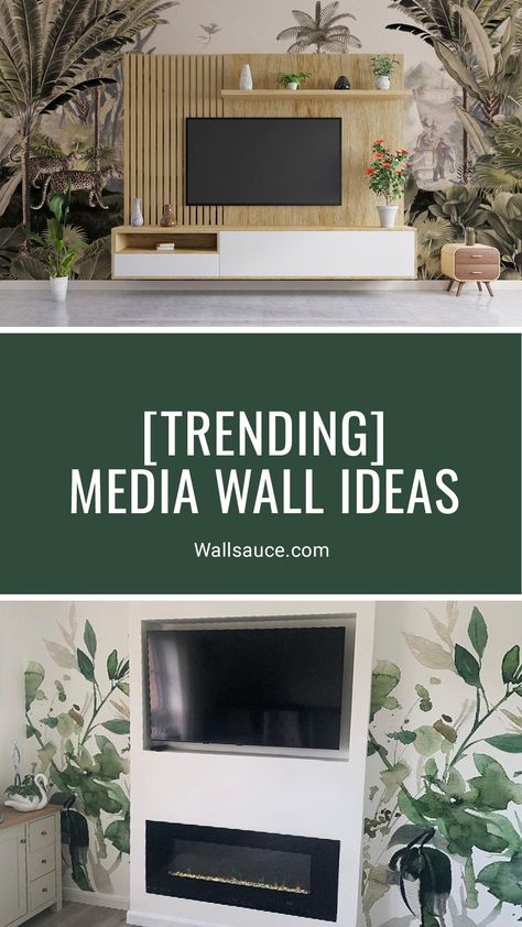 Media walls are trending right now, so we're here to provide you with all the media wall ideas you need for your living room! From wooden tv walls brought to life by wooden slat panelling and jungle wallpaper to fireplace media walls with wallpapered alcoves, these ideas are sure to inspire you! Tap the link to shop the look at Wallsauce.com! Media Room Wallpaper, Media Wall Wallpaper, Colorful Tv Wall, Wallpapered Alcoves, Wallpaper Media Wall, Wallpaper On Tv Wall, Panelled Walls Living Room Tv, Tv Wall Wallpaper Ideas, Green Media Wall