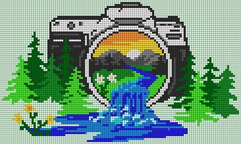 Alpha pattern #115104 variation #209432 | BraceletBook Landscape Perler Bead Patterns, Amazing Pixel Art, Camping Pixel Art, Camera Pixel Art, Nature Pixel Art, Pixel Art Nature, Photoshoot Landscape, Camera Photoshoot, Trees Photography