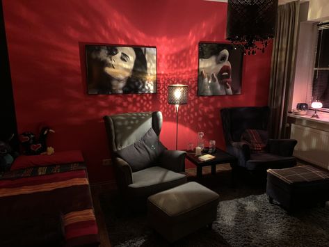 Red Goth Room, Red And Black Victorian Bedroom, Dracula Room Decor, Victorian Red Room, Gothic Wallpaper Home Red, New Room, House Decor, Cribs, Quick Saves