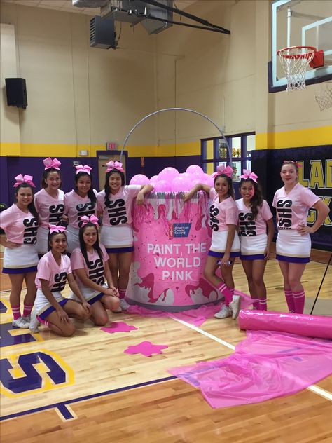 Barbie Pep Rally Theme, Cheer Pink Out Ideas, Pink Out Cheerleaders, Pink Out Hallway School, Barbie Pep Rally, Pep Rally Game Ideas High Schools, Pink Out Ideas Spirit Week, Cheer Ideas High School, Pep Rally Decorations Gym