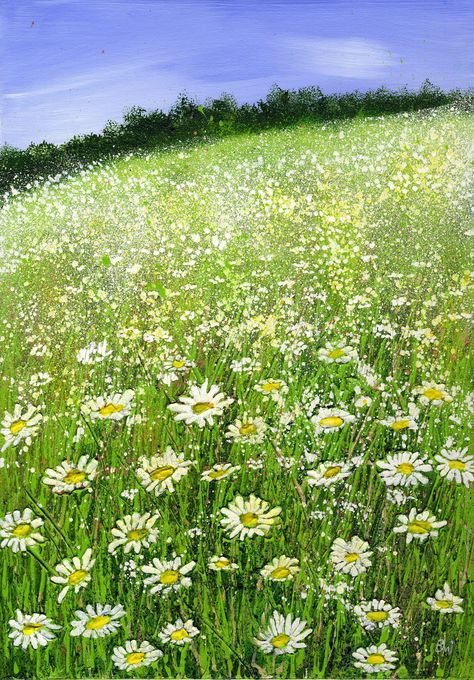 Meadow Reference, Flower Meadow Drawing, Field Of Daisies Drawing, Meadow Flowers Painting, Flower Meadow Painting Acrylic, Daisy Scenery Painting, Bath Makeover, French Country Garden, Daisy Field