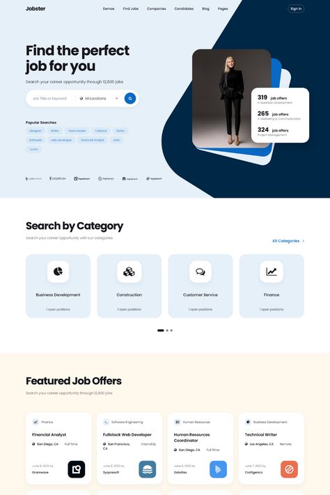 Jobster is a smart and sophisticated job board WordPress theme designed for creating professional job listing websites. With its clean and modern design, this theme is fully responsive and mobile-friendly. The theme includes advanced features such as resume manager, job alerts and application management, allowing job seekers to easily find and apply for jobs. Search Website Design, Job Search Website, Blog Page Design, Learning Website Design, Web Design Jobs, Marketing Agency Website, Job Website, Modern Website Design, Creative Website Design