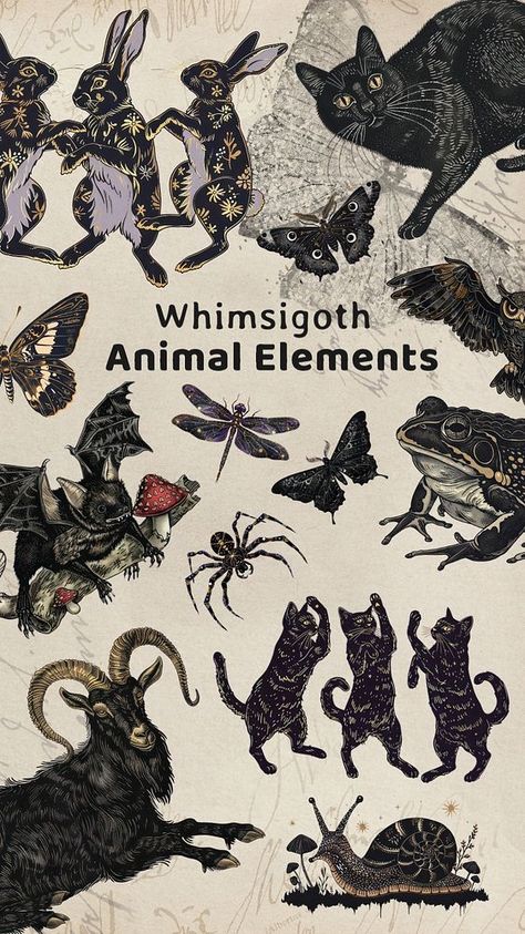 Editable whimsigoth black animal design element set | premium image by rawpixel.com / Pitcha Benrohman Whimsigoth Art, Autumn Angel, Vintage Moon, Set Ideas, Awesome Designs, Aesthetic Things, Illustration Vintage, Black Animals, Fantasy Illustration