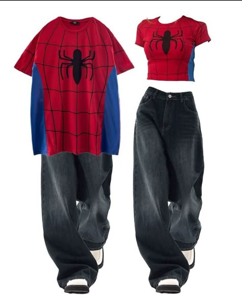 Spiderman Tshirt Aesthetic, Spiderman Clothes For Women, Marvel Style, Spider Man Outfits, Spiderman Outfit Ideas, Spider Man Outfits Ideas, Spiderman Clothes, Matching Clothes, Matching Clothes Couple