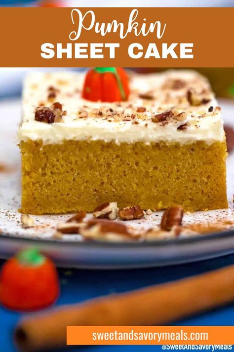 a plate with a slice of pumpkin sheet cake Pumpkin Spice Cake Recipes Boxed, Slow Cooker Pumpkin Soup, Pumpkin Spice Cake Recipe, Maple Cream Cheese Frosting, Mouthwatering Desserts, Maple Cream Cheese, Light Orange Color, Pumpkin Sheet Cake, Spice Cake Recipes