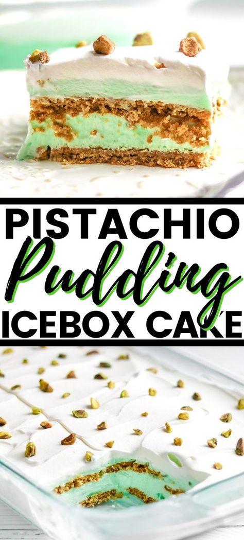 4-ingredient no-bake pistachio pudding cake recipe - so easy yet SO GOOD! #IceBoxCake #SummerDesserts   #NoBake #Pistachio #NoBakeDessert #PuddingCake #GrahamCracker #CoolWhip #EasyDessert Pistachio Icebox Cake, Jello Pistachio Pudding Recipes, Pistachio Ice Cream Dessert, No Bake Pistachio Dessert, Jello Pudding Cake Recipe, Recipes With Pistachio Pudding, Easy No Bake Desserts 4 Ingredients, No Bake Desserts Easy 4 Ingredients, Pudding Icebox Cake