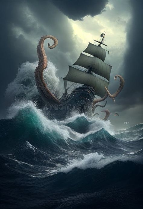 The kraken attacks the ship during a storm. AI Generated stock images The Kraken, Between Two Worlds, Ship Tattoo, Japanese Folklore, Polynesian Culture, Caribbean Sea, The Ship, A Storm, Pirates Of The Caribbean