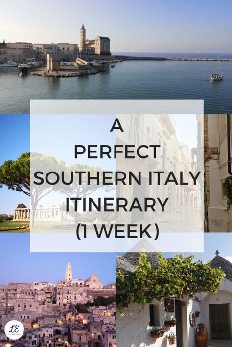 One week itinerary in the South if Italy touching on some of the most beautiful sites in the whole of Italy. Best things to see in Southern Italy include UNESCO World Heritage Sites, Matera, Temples, delicious food and stunning beaches #Italy #Travel #unescoworldheritage Southern Italy Itinerary, Italy Trip Itinerary, One Week Itinerary, Driving In Italy, Rome Vacation, South Italy, Italy Beaches, Best Of Italy, Italy Itinerary