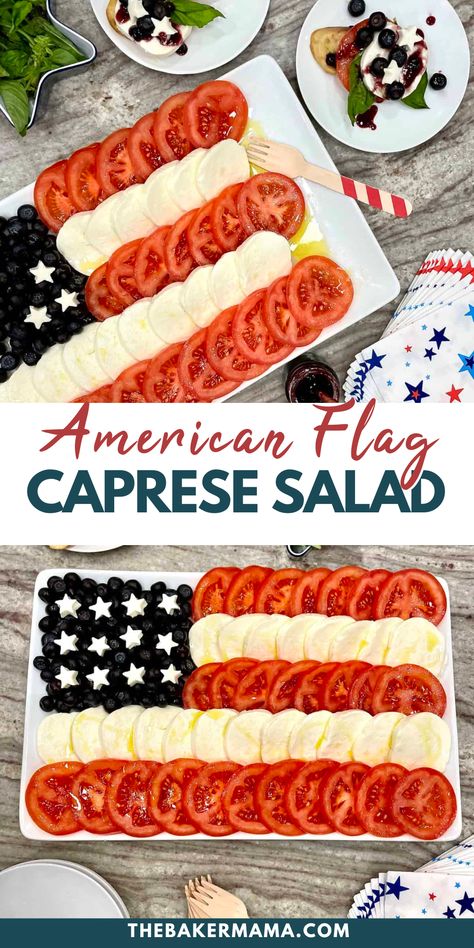 Looking for a patriotic appetizer for a 4th of July party? Get this recipe for an American Flag Caprese Salad!  Serve with toasted baguette and a balsamic glaze, your guests will love this delicious summer app! 4th Of July Caprese Salad, Patriotic Caprese Salad, 4th Of July Food Veggies, Red White Blue Appetizers 4th Of July, American Flag Caprese Salad, Red White And Blue Caprese Salad, Forth Of July Salads, 4th Of July Candy Salad, 4 Of July Appetizers