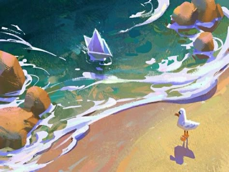 Painting Waves, The Art Showcase, Art Showcase, Wave Illustration, Beach Illustration, The Encounter, Animation Background, Art And Illustration, Environment Concept Art