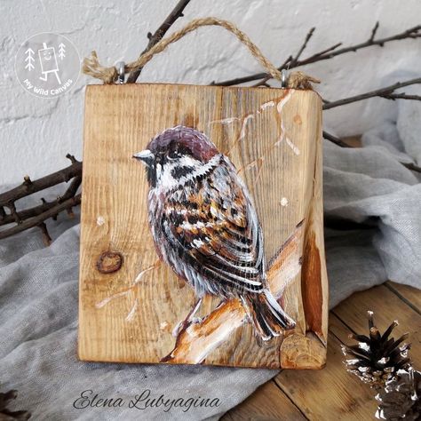 Painted Wood Pieces, Sparrow Painting, Unique Wall Art Ideas, Cute Sparrow, Barn Wood Art, Sparrow Art, Drawing Bird, Rustic Wall Hangings, Wood Painting Art