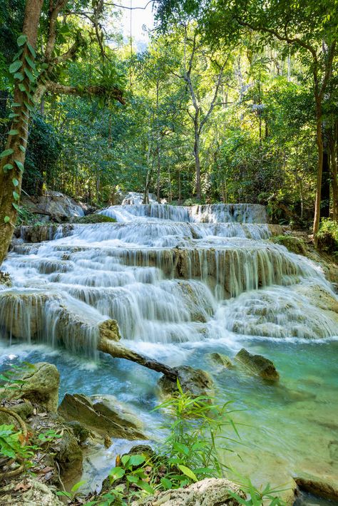 Erawan National Park In Thailand. Erawan Waterfall  Free Stock Photo and Image 575704708 Thailand Waterfall, Erawan National Park, Outline Pictures, Waterfall Wallpaper, Waterfall Photo, Cascade Waterfall, Forest Photos, Falls Creek, Beautiful Park