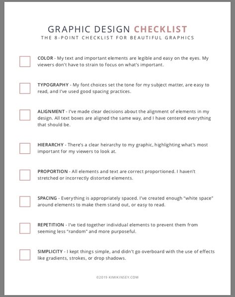 Graphic design checklist Graphic Design Terminology, Graphic Designer Must Haves, Brand Design Checklist, Graphic Design Assignments Ideas, Graphic Design Practice Ideas, Logo Design Checklist, Graphic Design Guide, Graphic Design Challenges, Graphic Design Prompts 30 Day