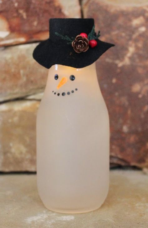 Life in the Craft Lane: Milk Bottle Snowman #handmade #etchall Glass Milk Bottle Crafts Christmas, Milk Gallon Christmas Craft, Old Glass Milk Bottle Ideas, Milk Jugs Christmas, Milk Jug Projects, Milk Bottle Diy, Small Glass Milk Bottle Ideas, Empty Wine Bottle Crafts, Starbucks Glass Bottles