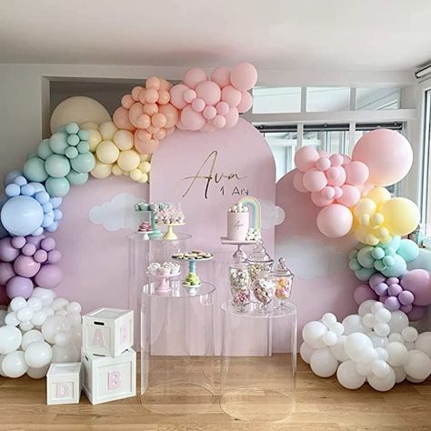 Pastel Arch Backdrop, Pastel Rainbow Balloon Garland, 1st Birthday Pastel Theme, Pastel Color Baby Shower Ideas, Pastel Balloons Decoration, Pastel Rainbow Baby Shower Ideas, Pastel Themed Birthday Party Decorations, Pastel Baby Shower Decorations, 1st Birthday Rainbow Theme