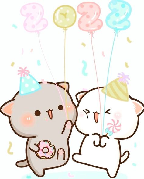 Happy New Year Cute Cartoon, Kawaii New Year, Gomu Peachu, Peach Mochi, Mochi Cat, Happy New Year 2022, Chibi Cat, Cute Kawaii Animals, New Year 2022