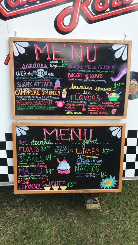 Ice Cream Truck Menu Board, Food Truck Menu Display Ideas, Summer Food Truck Ideas, Food Truck Menu Board Ideas, Ice Cream Truck Ideas, Cafe Menu Boards, Sandwich Boards, Ice Cream Snacks, Food Truck Menu