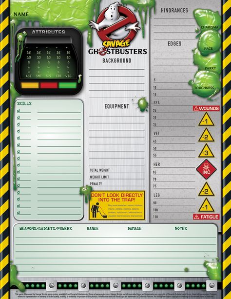 Savage Worlds Ghostbusters Player Character Sheet #ghostbusters #rpg #roleplayinggame #roleplayinggames #savageworlds #roleplaying #tabletopgames #tabletoprpg #miniaturegaming #rpgcharactersheet #charactersheet Rpg Character Sheet, Savage Worlds, Miniature Gaming, Ghost Busters, Game Master, D 2, Character Sheet, Tabletop Rpg, Ghostbusters