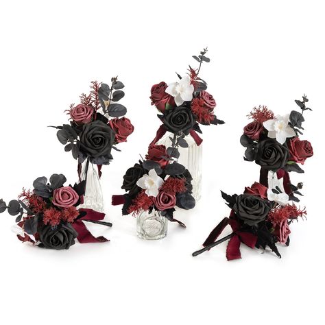 Black Wedding Centerpieces Diy, Goth Centerpieces, Black And Red Centerpieces, Small Floral Wedding, Burgundy Black Wedding, Black And Burgundy Wedding, Simple Wedding Table Centerpieces, Goth Weddings, Floral Arrangements For Wedding