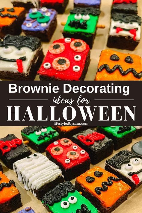 Brownie Decorating Ideas for Halloween {Halloween Brownie Ideas That Are Cute & Spooky!} Easy Halloween brownie ideas worth bookmarking for years to come! In this post, you will learn how to decorate Frankenstein, mummy, bat, pumpkin, Dracula, and more for your next Halloween bash. These brownies are made from a brownie mix and a Wilton icing set. Halloween Brownies Decoration, Halloween Brownie Decorations, Monster Brownies Halloween, Halloween Brownies Ideas, Brownie Decorating Ideas, Brownies For Halloween, Decorating Ideas For Halloween, Mummy Brownies, Halloween Brownie