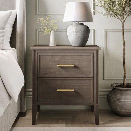 Wide Dark Wood 2-Drawer Bedside Table - Delilah - Furniture123 Wood Bedside Table Design, Neutral Bedside Table, Bedside Table Ideas Decor, Wood Side Table Bedroom, Bedroom Nightstand Ideas, Bedside Tables Ideas, Dark Wood Bedside Table, Bedside Table Wood, Wide Bedside Table