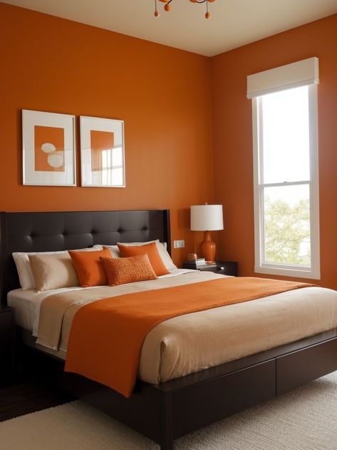 Create a striking contrast in your bedroom by incorporating a burnt orange accent wall. Complement this bold choice with sleek, modern furniture pieces in neutral tones to achieve a contemporary and sophisticated look. Orange Aesthetic Bedroom, Burnt Orange Accent Wall, Orange Accent Wall, Burnt Orange Bedroom, Orange Accent Walls, Warm String Lights, Aesthetic Bedroom Decor, Family Room Makeover, Minimalist Desk