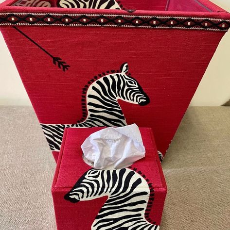 This gorgeous zebra print fabric from Scalamandre looks funky on our waste bins and tissue boxes. We are currently working on the laundry bin to complete the set. Laundry Bin, Bespoke Interiors, Fabric Accessories, Tissue Boxes, Luxury Fabrics, Zebra Print, Fabric Covered, Print Fabric, Drink Sleeves