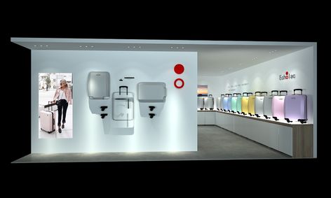 Retail :: Suitcase Showroom Concept on Behance Luggage Display, Suitcase Stand, Interior Design Branding, Stand Ideas, Luggage Store, Design Branding, Lighted Bathroom Mirror, Showroom, Bathroom Mirror