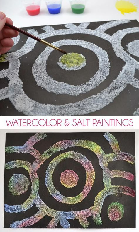 I’m always on the lookout for fun, crafty projects for the kiddos in my life. I love having them around ... keep reading! #artprojectsforkids Watercolor And Salt, Salt Painting, Art Project For Kids, Project For Kids, Art Camp, Homeschool Art, Kid Art, Easy Art, Camping Art