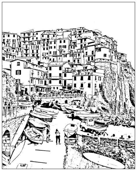 Little trip in Italy (Cinque Terre, Italian Riviera) Landscape Coloring Pages, Italy Cinque Terre, Baseball Coloring Pages, France Landscape, Coloring Printables, Coloring Page For Adults, Flag Coloring Pages, Italy Landscape, Italian Riviera