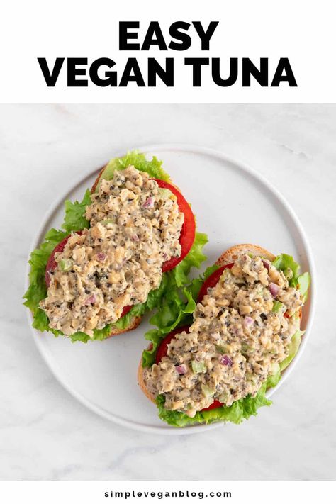 This Vegan Tuna is a tasty and easy plant-based alternative that's ready in just 10 minutes. With a fishy flavor and texture like real tuna, it's perfect for a vegan tuna salad sandwich and more! #VeganTuna #PlantBased #EasyRecipes #HealthyEating #MeatlessMonday Vegan Tuna Recipe, Vegan Chickpea Burger, Vegan Tuna Salad, Chickpea Salad Vegan, Snacks For A Party, Vegan Tuna, Vegan Meat Substitutes, Completely Delicious, Chickpea Tuna