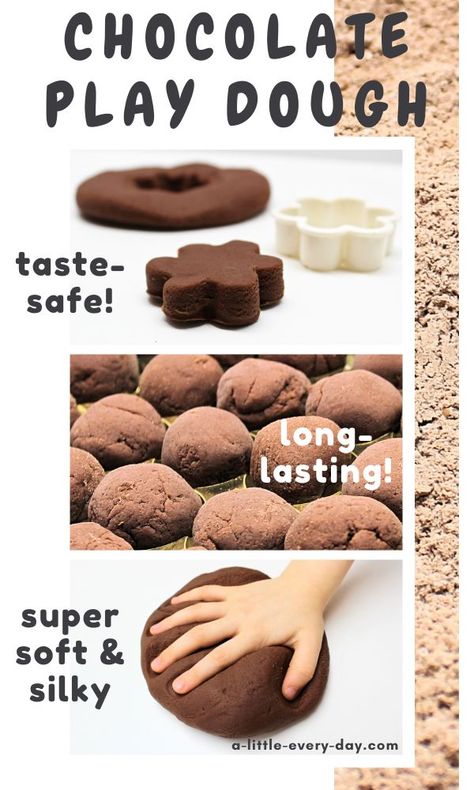 Chocolate Edible Playdough, Hot Chocolate Playdough Recipe, Diy Brown Playdough, How To Make Black Playdough, How To Make Brown Playdough, Brown Playdough Recipe, Things To Make With Play Doh, Chocolate Crafts For Kids, Cookie Playdough